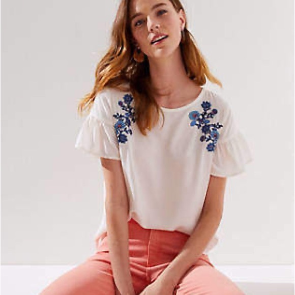 LOFT Floral Embroidered Ruffle Cuff Top‎ Size Medium - Picture 1 of 6